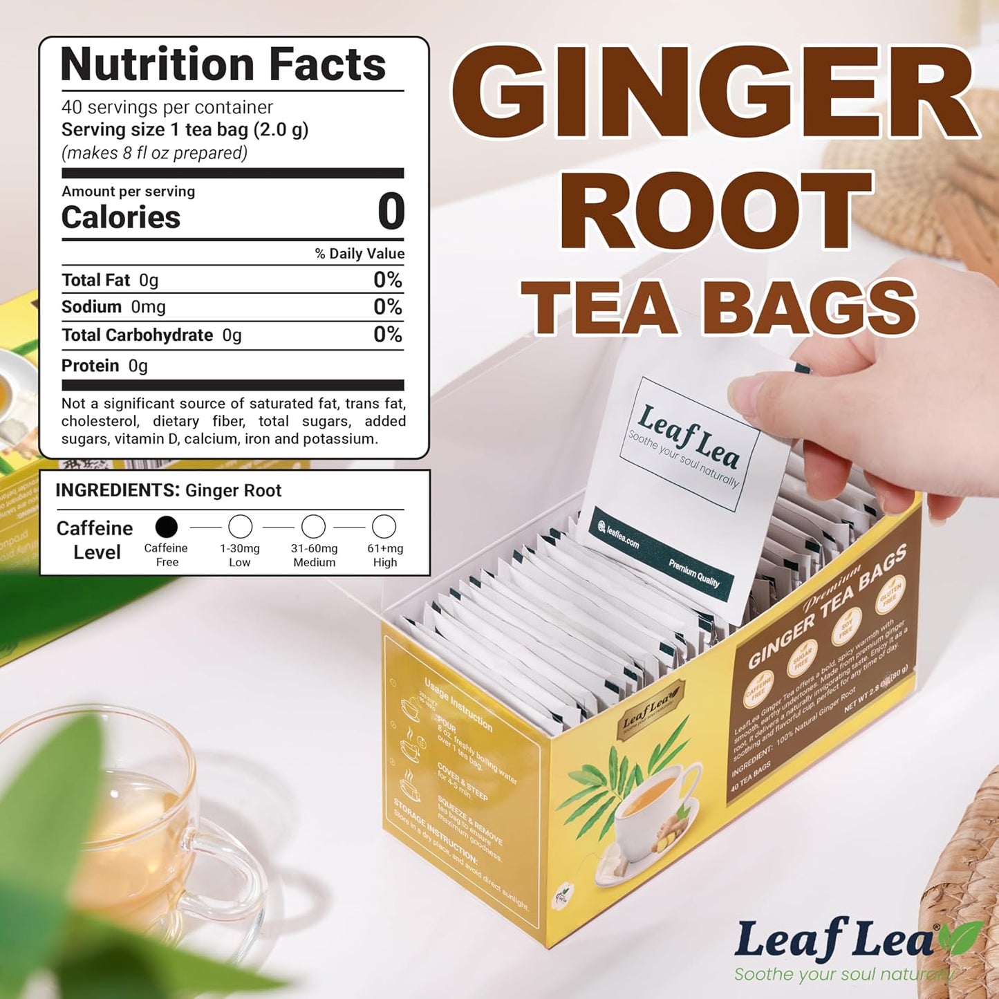 LeafLea Ginger Tea Bags, Spicy Pure Ginger Herbal Tea, 120 Count | Bold Single-Ingredient Brew, Individually Foil-Wrapped, Family Value Pack, Caffeine-Free, Gluten-Free