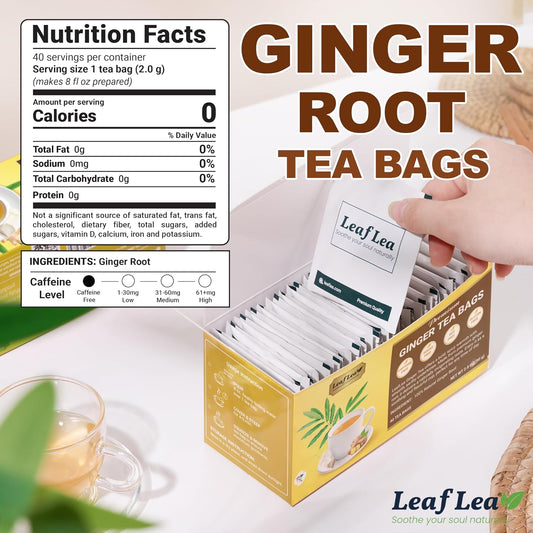 LeafLea Ginger Tea Bags, Spicy Pure Ginger Herbal Tea, 120 Count | Bold Single-Ingredient Brew, Individually Foil-Wrapped, Family Value Pack, Caffeine-Free, Gluten-Free