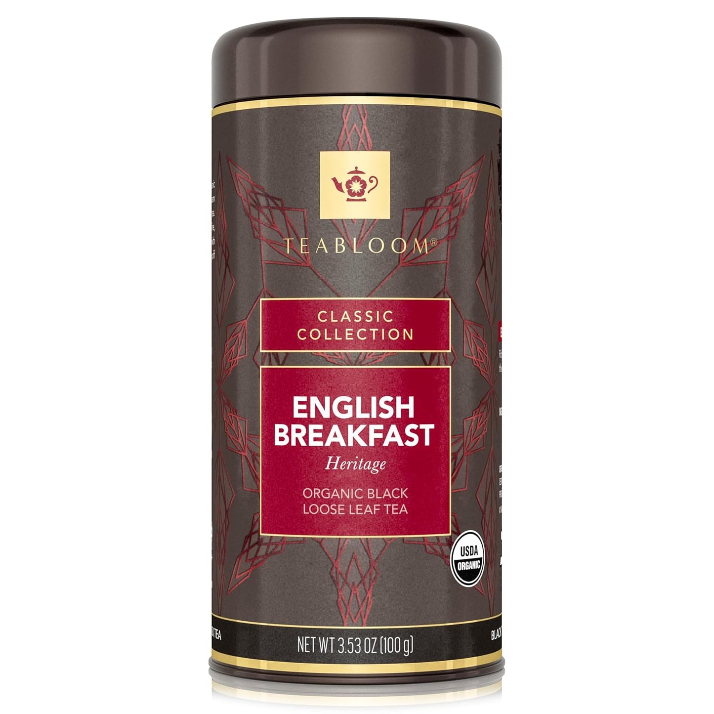 Teabloom Organic Black Tea, English Breakfast Heritage Loose Leaf Tea, Classic Variety from Sewpur Estate, USDA Certified Organic, 3.53 Ounce Loose Leaf Tea Canister Makes 35-50 Cups