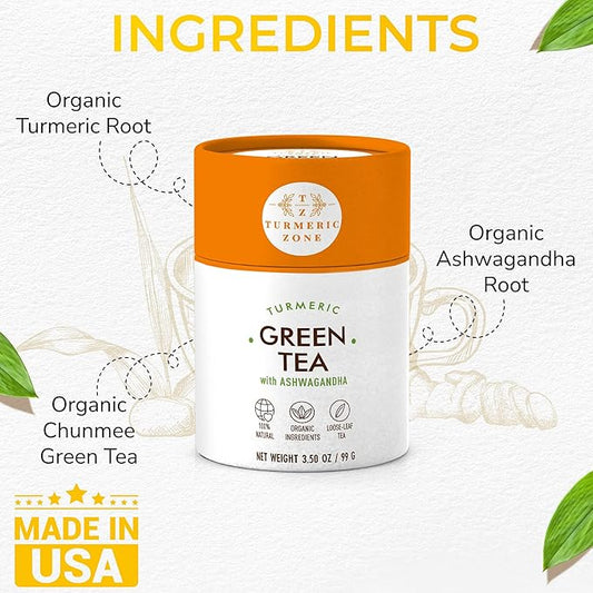 Turmeric Zone Organic Turmeric and Ashwagandha Green Tea - 3.5 oz (Pack of 1) - Includes Stainless Steel Tea Infuser