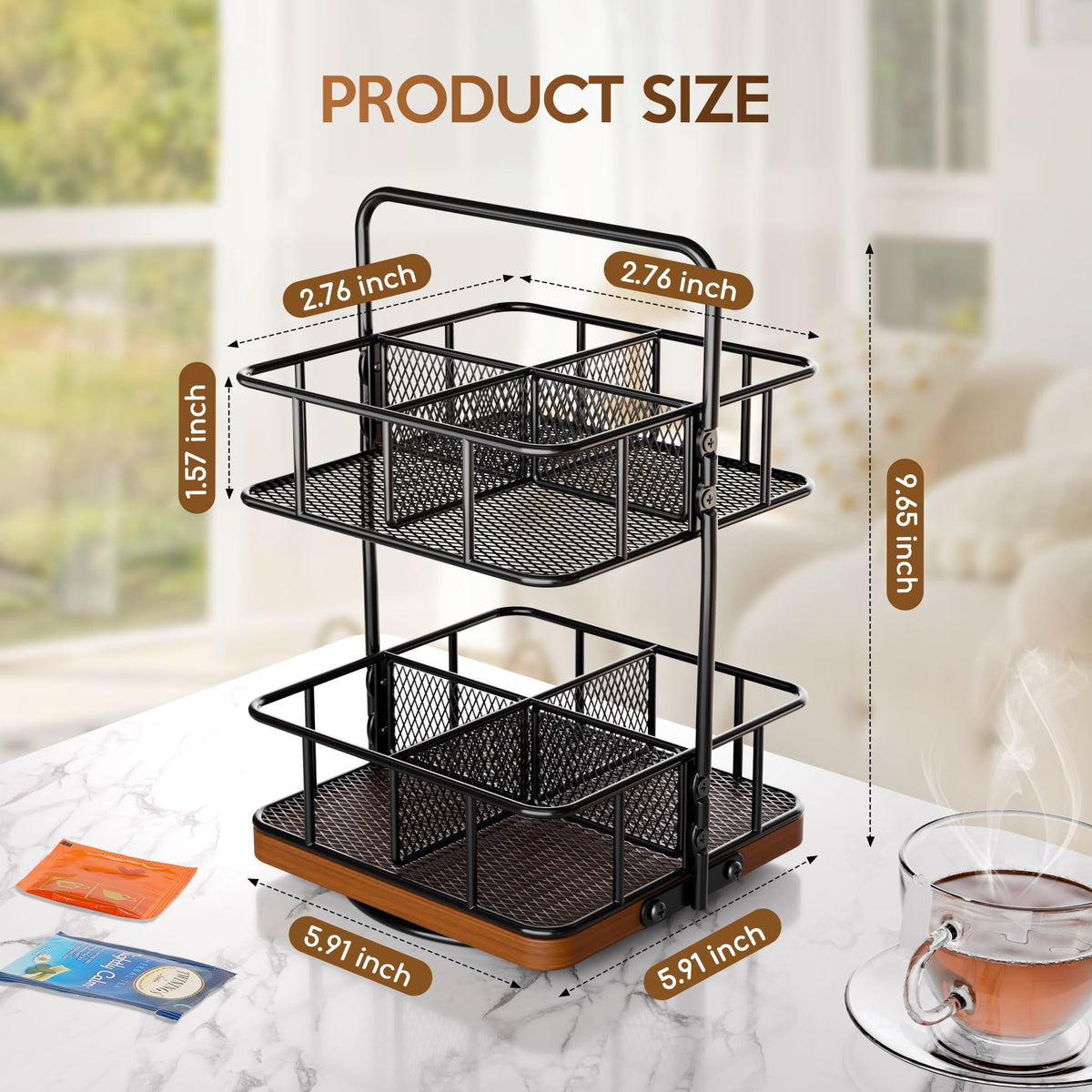 Tea Bunch Rotating 2 Tier Tea Bag Organizer, 360° Spinning Teabag Organizer