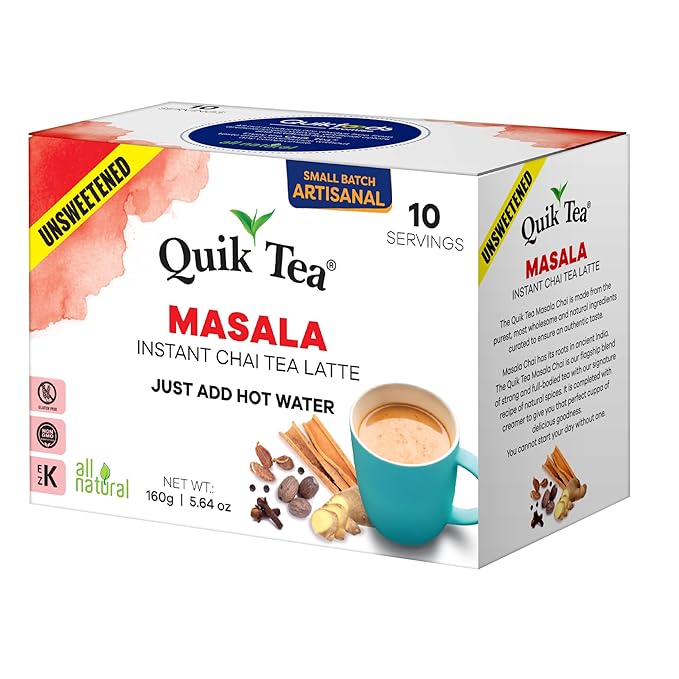 QuikTea Unsweetened Masala Chai Tea Latte - 10 Count Single Box - All Natural Preservative Free Authentic Chai