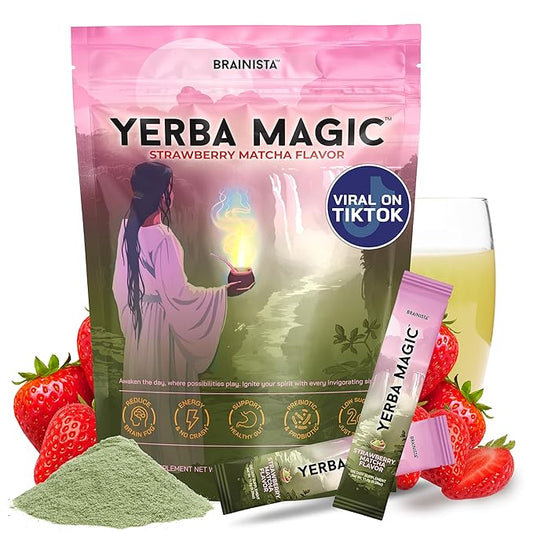 Yerba Magic Strawberry Matcha Instant Tea, 3-in-1 Super Drink - Clean Energy, Brain Fog Buster, and Gut Health Powered by Nootropics, Prebiotics and Probiotics | Yerba Mate 20 Stick Packs