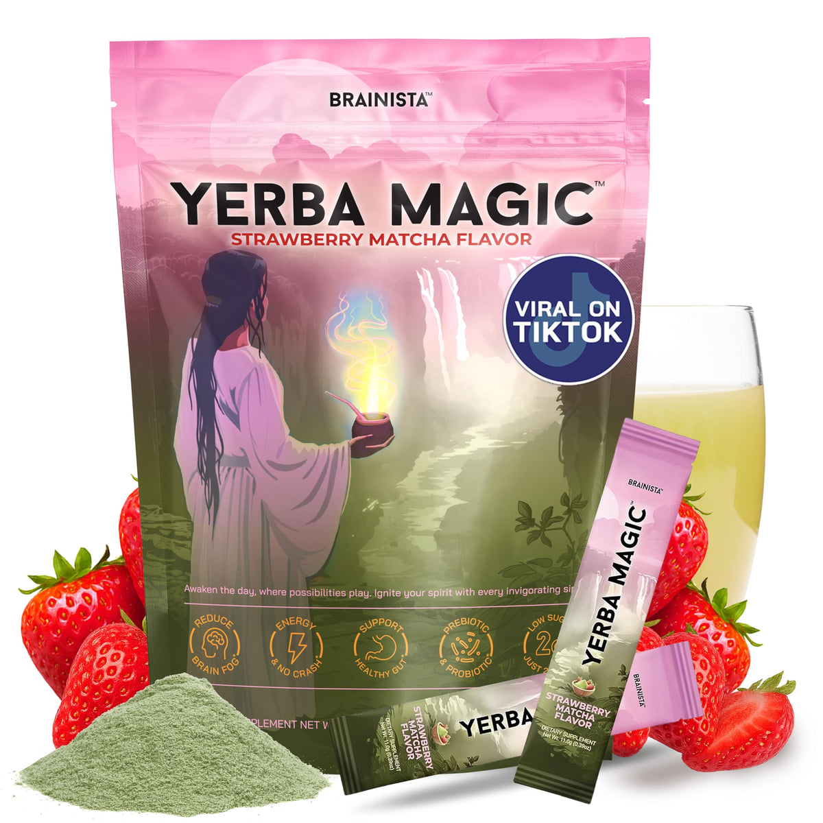 Brainista Yerba Mate Tea Sticks, Instant Tea Packets, Lion's Mane, Strawberry, 20ct