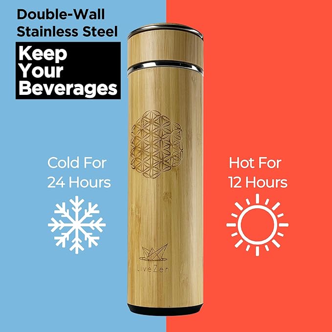 18oz Insulated Bamboo Tea Infuser Bottle for Loose Leaf Tea - Extra Fine Mesh Tea Steeper Basket Infuser with Chain Hook for Teapot Mug Cup Tumbler