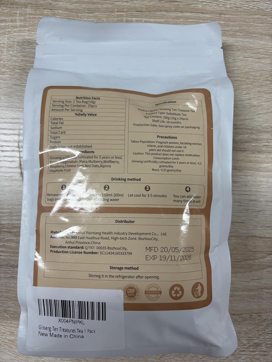 Ginseng Ten Treasures Kidney Tea,Traditional Chinese Herbal TeaBags, Natural Kidney Cleanse Detox Tea for Women &amp; Men, 10 Precious Ingredients Formula(1 Pack/25 Bags)