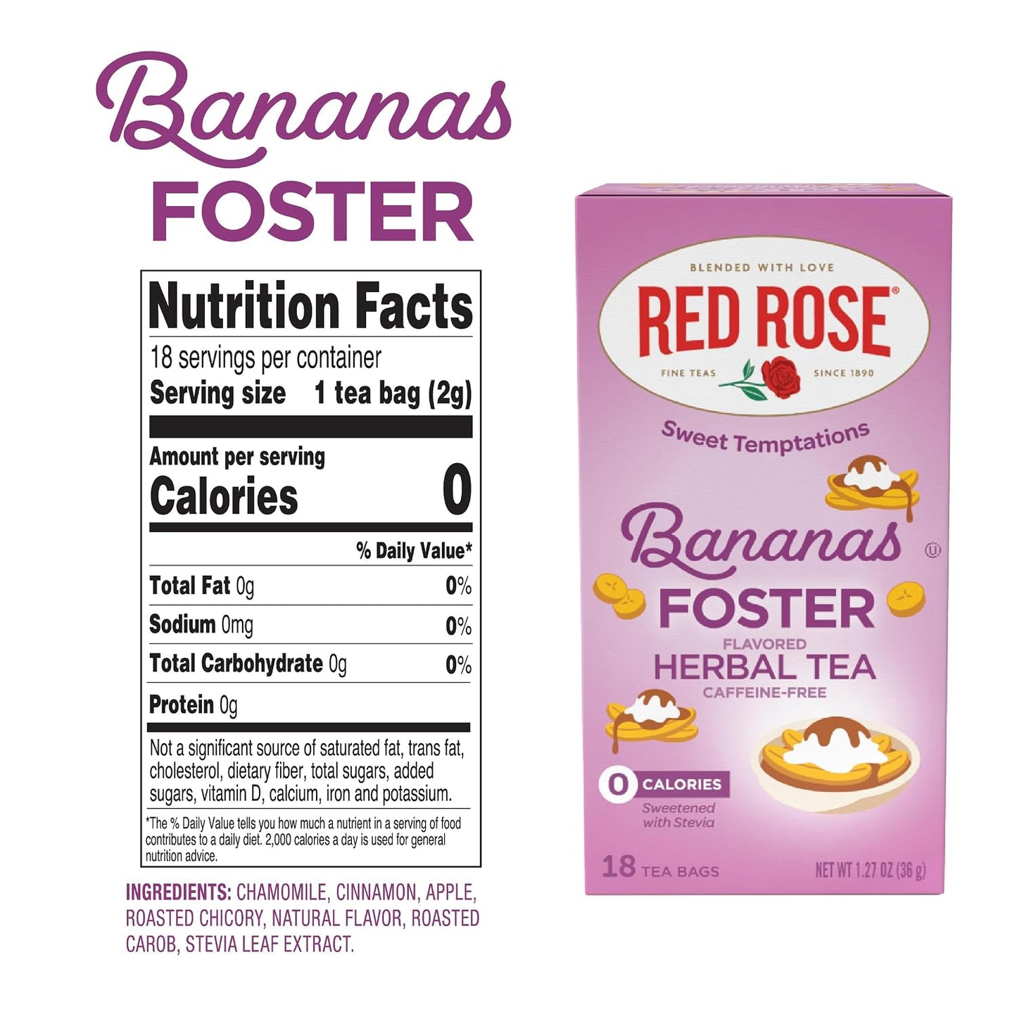 Red Rose Sweet Temptations Banana Foster Dessert Herbal Tea,18 Bags 6 Pack | Sweet, dessert-inspired herbal tea | Naturally flavored | Caffeine-free | Ideal sweet treat