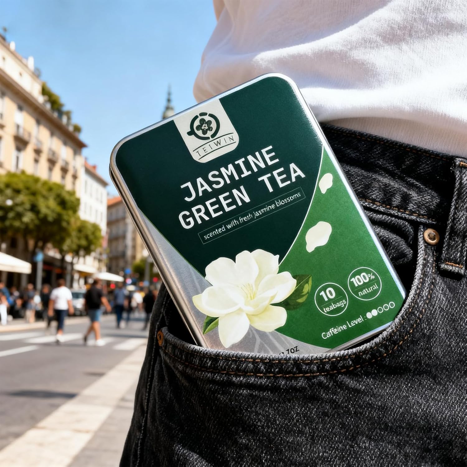 TETWIN Jasmine Green Tea Loose Leaf in PLA Tea Bags, 10ct Samplers in Mini Tin –Smooth Jasmin Aroma & Gift-Ready, party favor