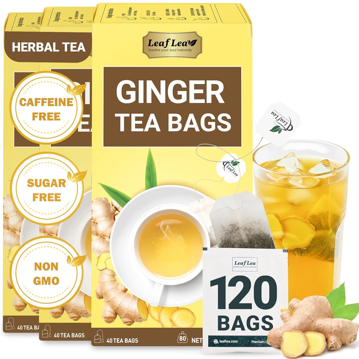 LeafLea Ginger Tea Bags, Spicy Pure Ginger Herbal Tea, 120 Count | Bold Single-Ingredient Brew, Individually Foil-Wrapped, Family Value Pack, Caffeine-Free, Gluten-Free