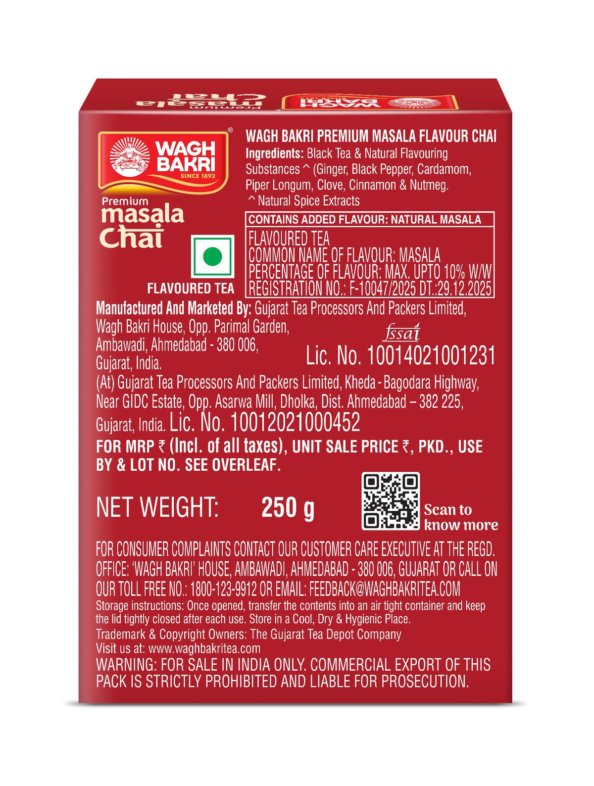Wagh Bakri Masala Chai Spiced Tea - 250g Unique Blend of 7 Refreshing Spices
