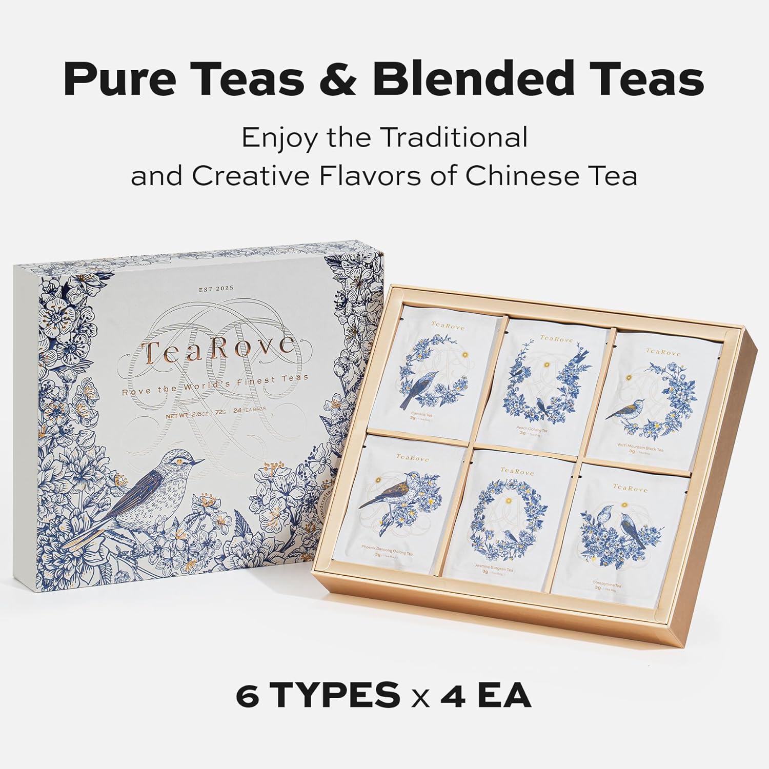 TeaRove Premium Tea Sampler Gift Set with Gold-Foil Presentation Box, 24 Assorted Variety Pyramid Infuser Bags, 6 Flavors Handcrafted Black, Oolong, Jasmine Green, Herbal Tea Sampler Gift for Tea Lover