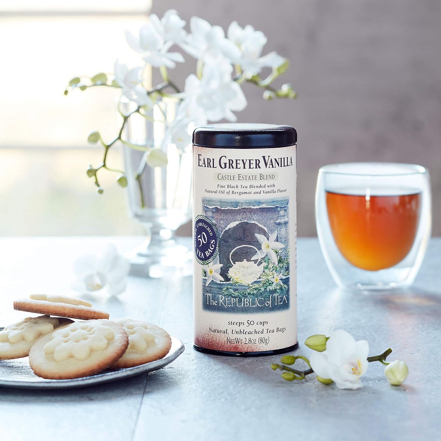 The Republic of Tea Earl Greyer Vanilla Black Tea, 50 Count | Naturally Caffeinated. Made for morning or afternoon. Brisk and full-bodied with notes of lively citrus and bright bergamot.
