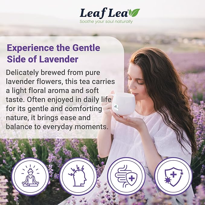 LeafLea 40 Premium Lavender Tea Bags, Natural Lavender Flowers, Lavendar Herbal Tea with Delicate Floral Aroma & Smooth Flavor, Relaxing Evening Infusion, No Caffeine, No Sugar, Individually Wrapped