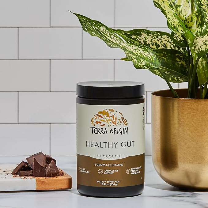 Terra Origin Healthy Gut Chocolate, 30-Servings with L-Glutamine, Zinc, Glucosamine, Slippery Elm Bark, Marshmallow Root and More!