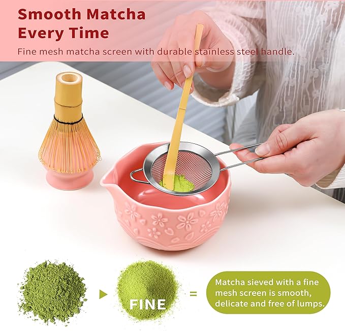 Matcha Whisk Set - 6Pcs Matcha kit matcha set Includes Ceramic Matcha Bowl Bamboo Matcha Whisk+ Holder, Bamboo Scoop& Scoop Holder, and Stainless Steel Sifter matcha set kit for Matcha Lovers (Pink)