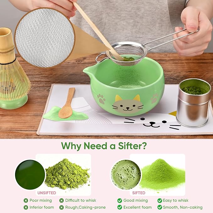 Matcha Whisk Set, 8Pcs Matcha Set for Ceremony, Matcha Whisk and Ceramic Bowl with Matcha Scoop & Sifter and All Accessories for Breakfast