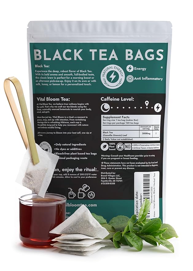 Vital Bloom Black Tea, 120 Count Tea Bags, Smooth, Flavourful, and Robust, Enjoy Hot or Cold Brew, Bleach Free Tea Bags, Non GMO (Free Bamboo Tongs Included)
