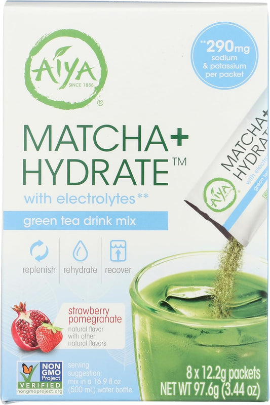 Aiya Matcha+ Hydrate ™ - Strawberry Pomegranate Matcha Drink Mix with Electrolyte - Premium Japanese Matcha Hydrating Powder Blend - 290mg Electrolytes per Packet - Non-GMO - 8 Sticks