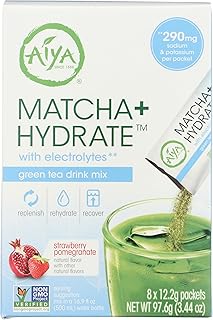 Aiya Matcha+ Hydrate ™ - Strawberry Pomegranate Matcha Drink Mix with Electrolyte - Premium Japanese Matcha Hydrating Powder Blend - 290mg Electrolytes per Packet - Non-GMO - 8 Sticks