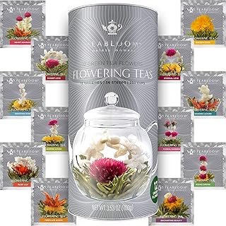 Teabloom Flowering Tea - 12 Unique Varieties of Fresh Blooming Tea Flowers - Hand-Tied Natural Green Tea Leaves & Edible Flowers - 12-Pack Gift Canister - 36 Steeps, Makes 250 Cups