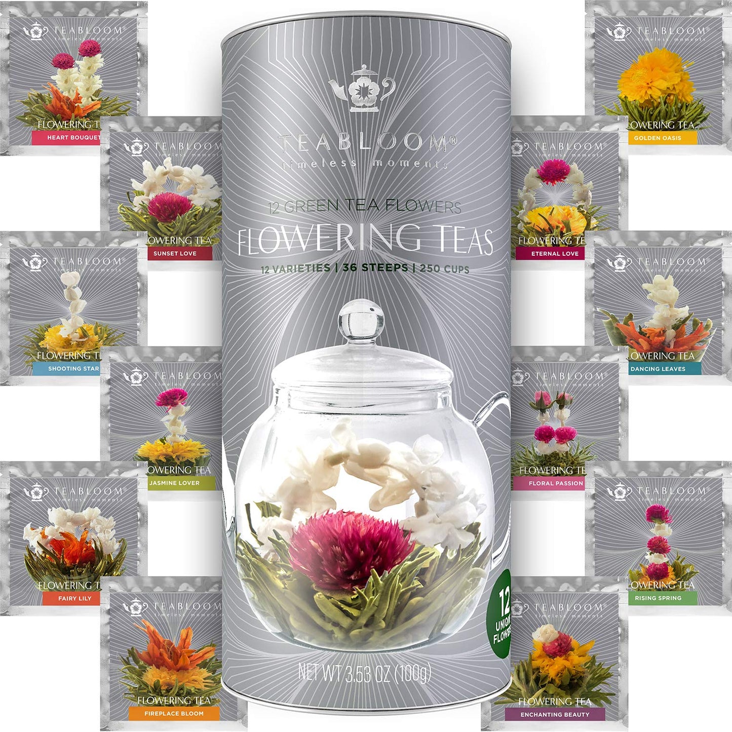 Teabloom Flowering Tea - 12 Unique Varieties of Fresh Blooming Tea Flowers - Hand-Tied Natural Green Tea Leaves & Edible Flowers