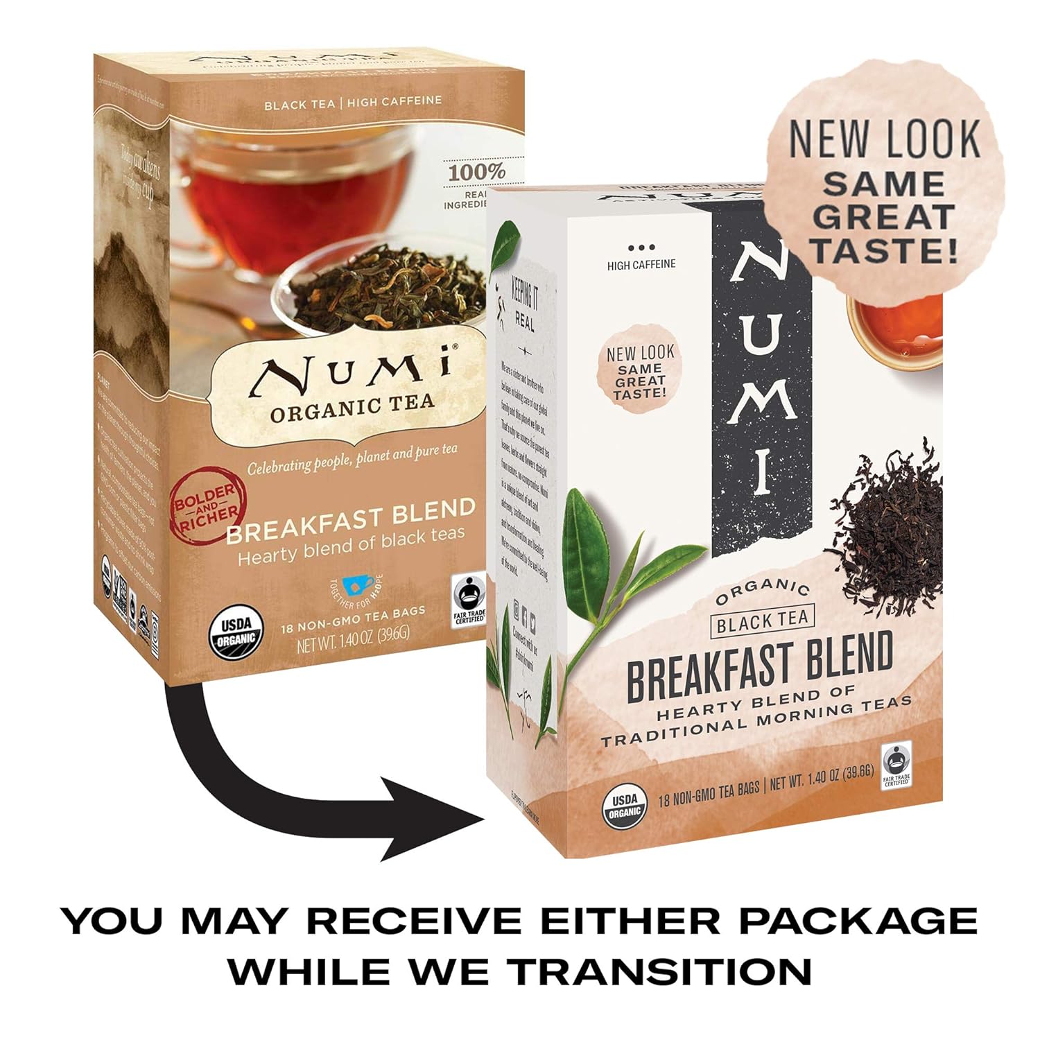 Numi Organic Tea Breakfast Blend, 18 Count Box of Tea Bags (Pack of 6) Black Tea