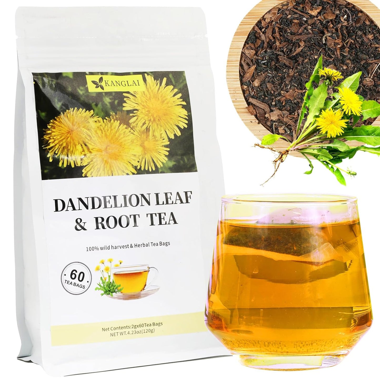 Dandelion Tea Bags 60 Count, Dandelion Root &amp; Leaf Herbal Detox Tea for Liver &amp; Kidney Health, Supports Digestion &amp; Immune System - 100% Natural, Caffeine-Free, Non-GMO, No Additives