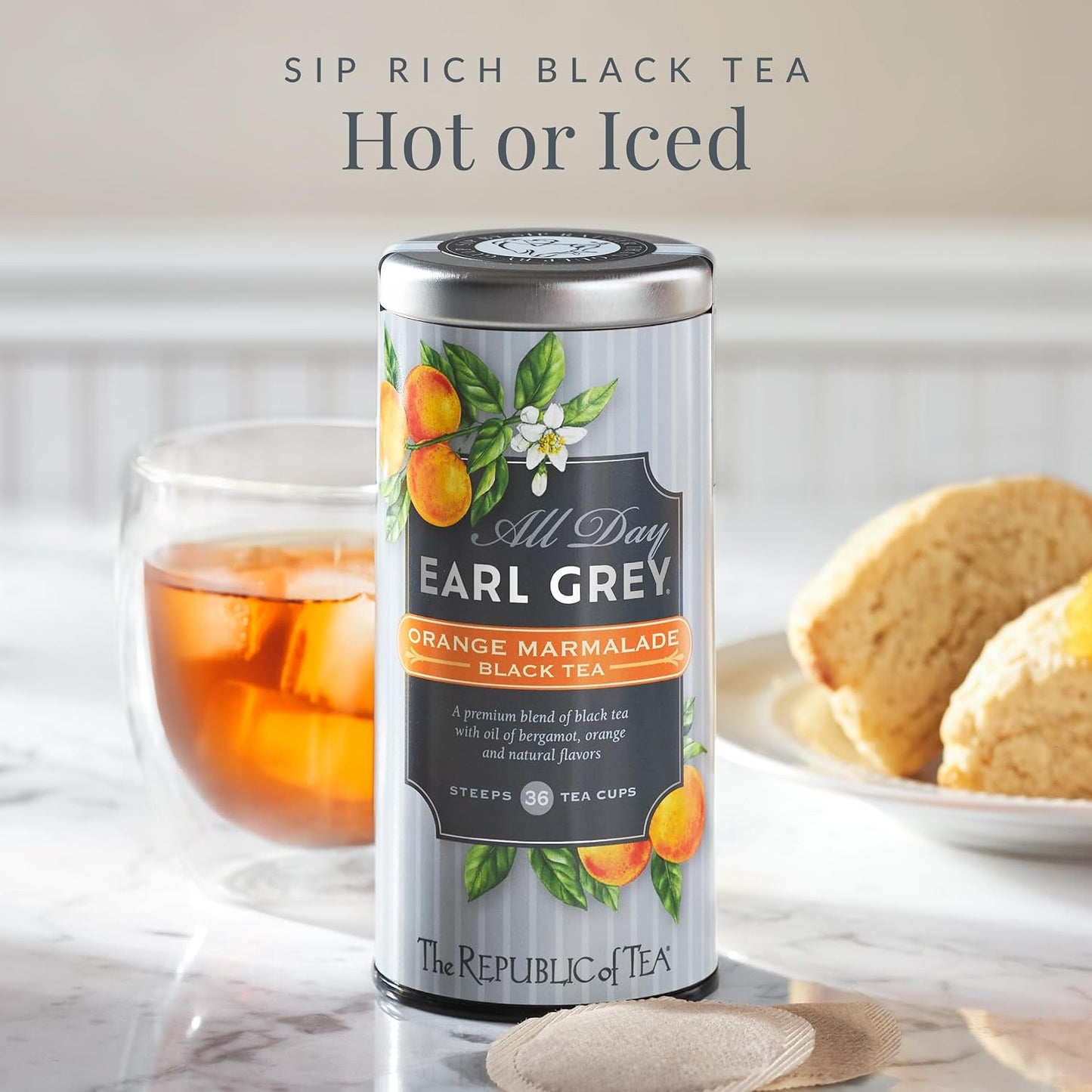 The Republic of Tea All Day Earl Grey Orange Marmalade Black Tea, 36 Count | Naturally Caffeinated. Made for morning or afternoon. Brisk and full-bodied with notes of lively citrus and bright bergamot.