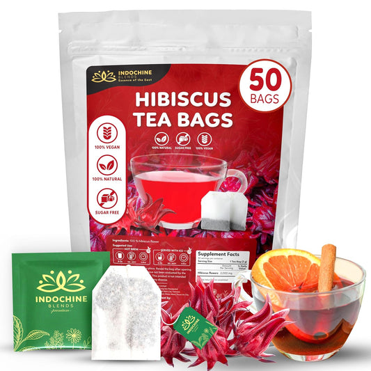 Indochine Blends Hibiscus Tea Bags, 100% Pure Hibiscus Flower, 50 Count