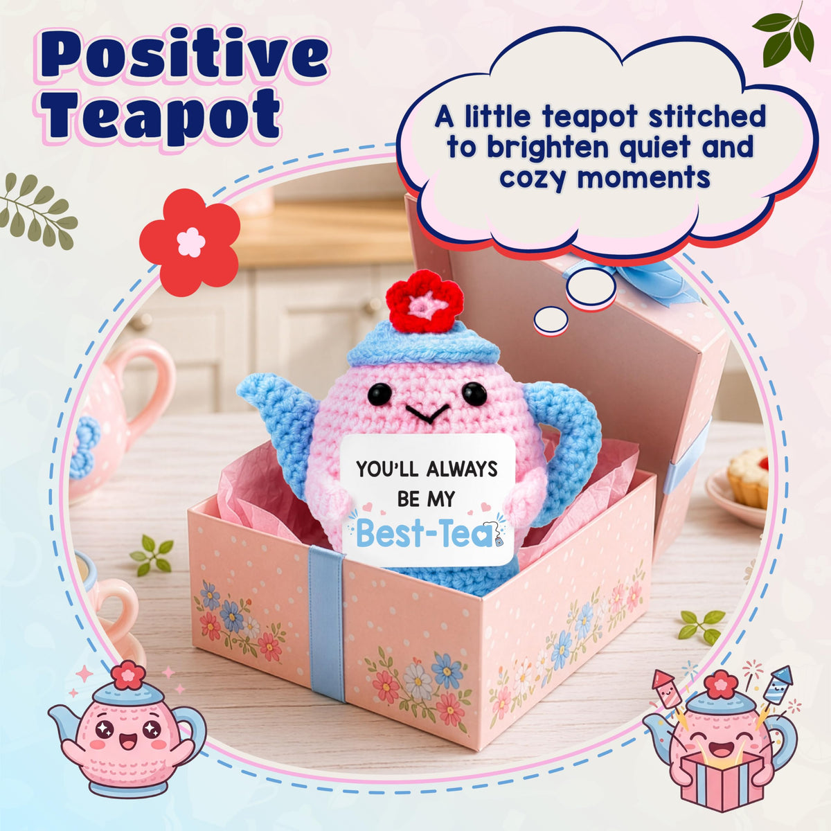 THEGIFTY Best-Tea Friendship Gift for Women Positive Crochet Teapot