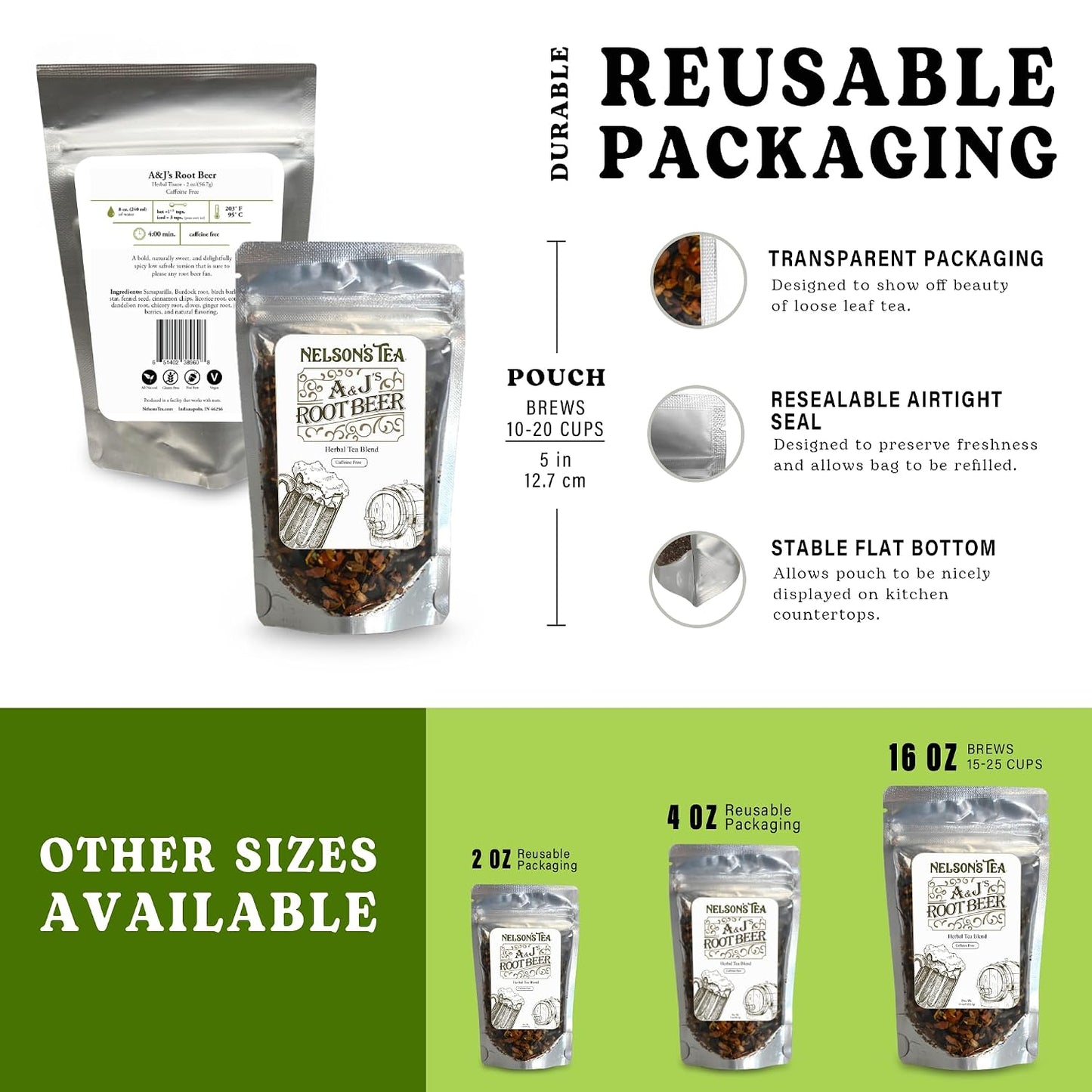 Nelson's Tea A &amp; J's Root Beer Sarsaparilla Loose Leaf Tea, 16 oz | Herbal • Burdock • Birch Bark • Dandelion • Caffeine Free • Tea • Root Beer • Sarsaparilla Root Tea