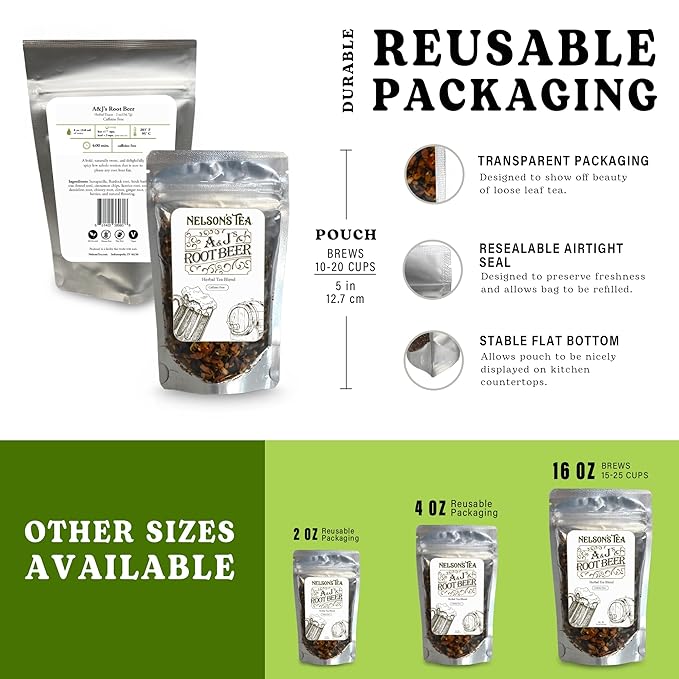 Nelson's Tea A&J's Root Beer - Sarsaparilla Root Herbal Loose Leaf Tea - Caffeine-Free - A Harmonious Blend of Flavorful Ingredients like Sarsaparilla, Burdock Root, Birch Bark, and More! (2 oz)