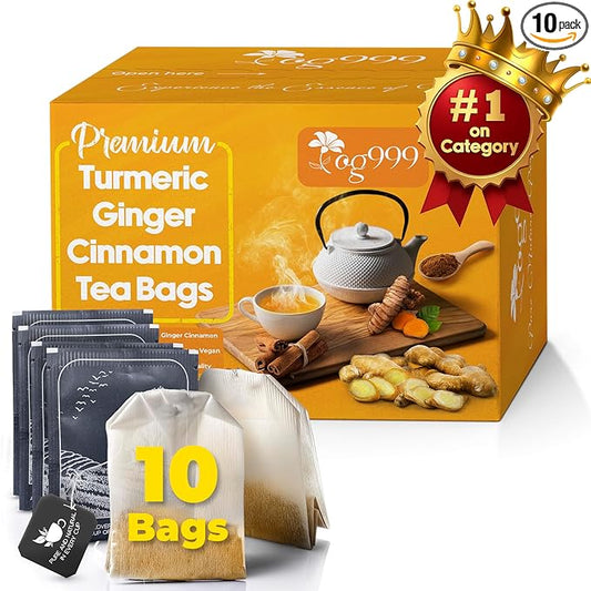 TOG999, 10 Turmeric, Ginger, Cinnamon Tea Bags, 100% Natural, Hand-made Blend of Turmeric, Ginger, and Cinnamon. Eco-conscious Tea Bags. No Sugar, No Caffeine, No Gluten, Vegan.