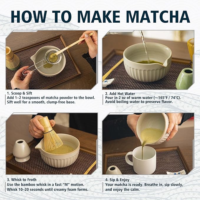 Matcha Whisk Set, Japanese Tea Ceremony Kit, 18oz Spout Bowl, Bamboo Whisk Scoop, Ceramic Holder Sifter Towel,7 pcs Matcha Tea Kit for Matcha Lovers