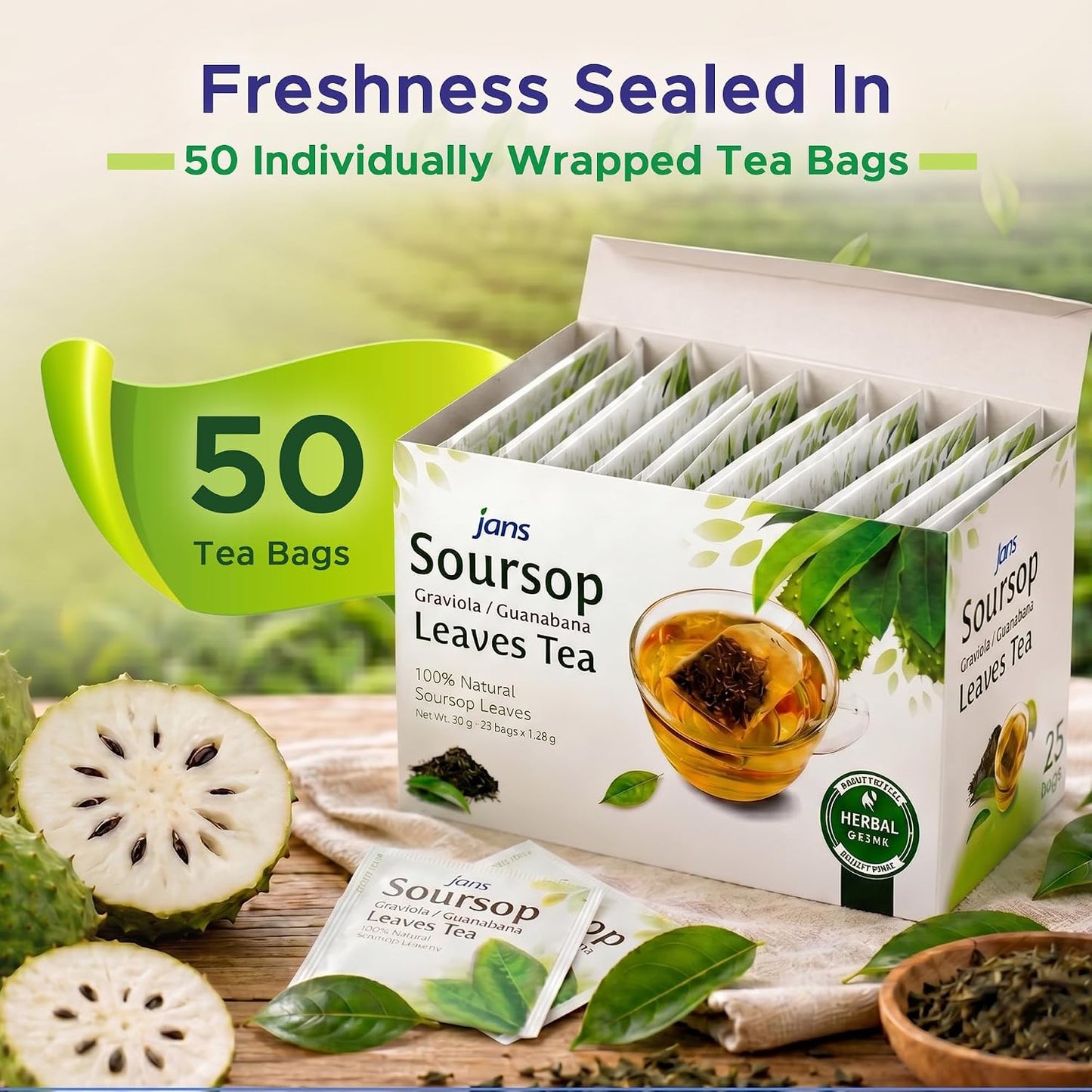 Jans Soursop Tea Bags, 50 Count, 2 Pack of 25, 100% Natural Soursop Leaves