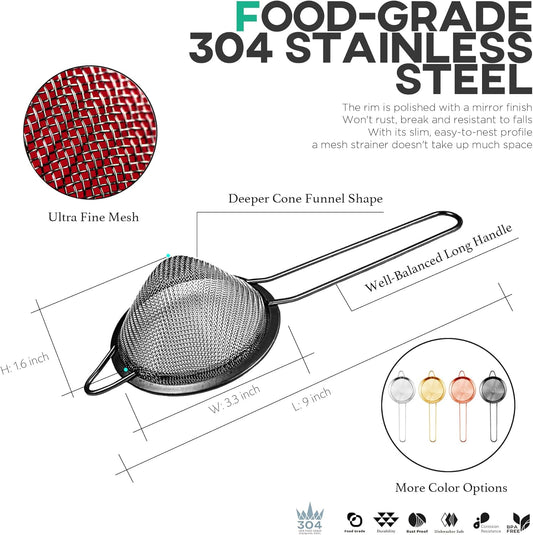Homestia 2 Pcs Stainless Steel Fine Mesh Strainer, Cocktail Strainer, Black