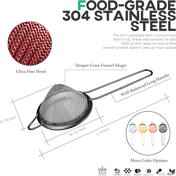 Homestia 304 Stainless Steel Fine Mesh Strainer for Kitchen, Cocktail Sieve Sifters for Food, Liquid Strainer Cup for Food, Drinks, Tea, Coffee