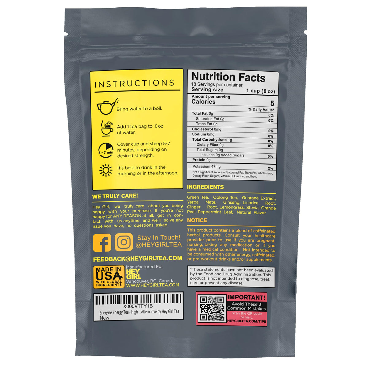 Hey Girl Tea Hey Girl Energize Tea - Herbal Energy Tea Blend with Yerba Mate, Oolong, Ginger, & Green Tea - Morning Boost