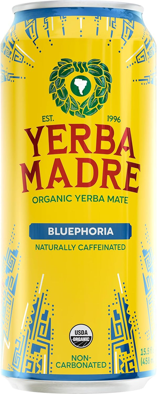 Guayakí Yerba Mate, Organic Energy Drink Alternative, Bluephoria, 150mg Natural Plant Based Caffeine, Better for You Energy &amp; Focus, No Jitters or Crash, 15.5 Oz (Packaging May Vary)