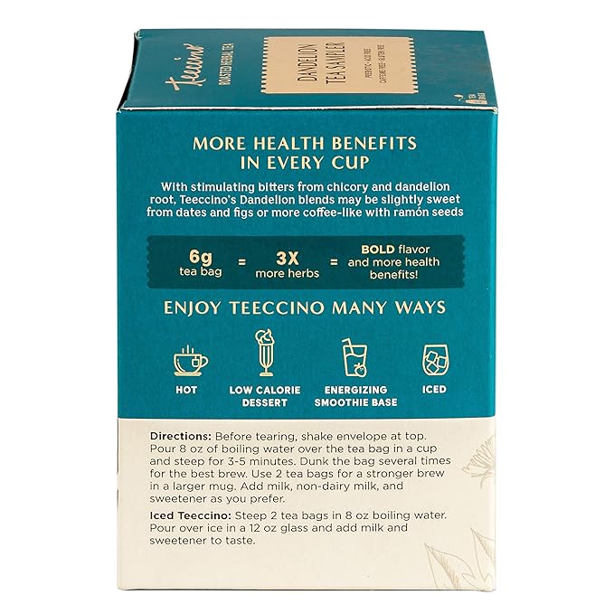 Teeccino Dandelion Tea Sampler - Caramel Nut, Coconut, Dark Roast, Mocha Mint, Red Chai, Turmeric - Roasted Herbal Tea