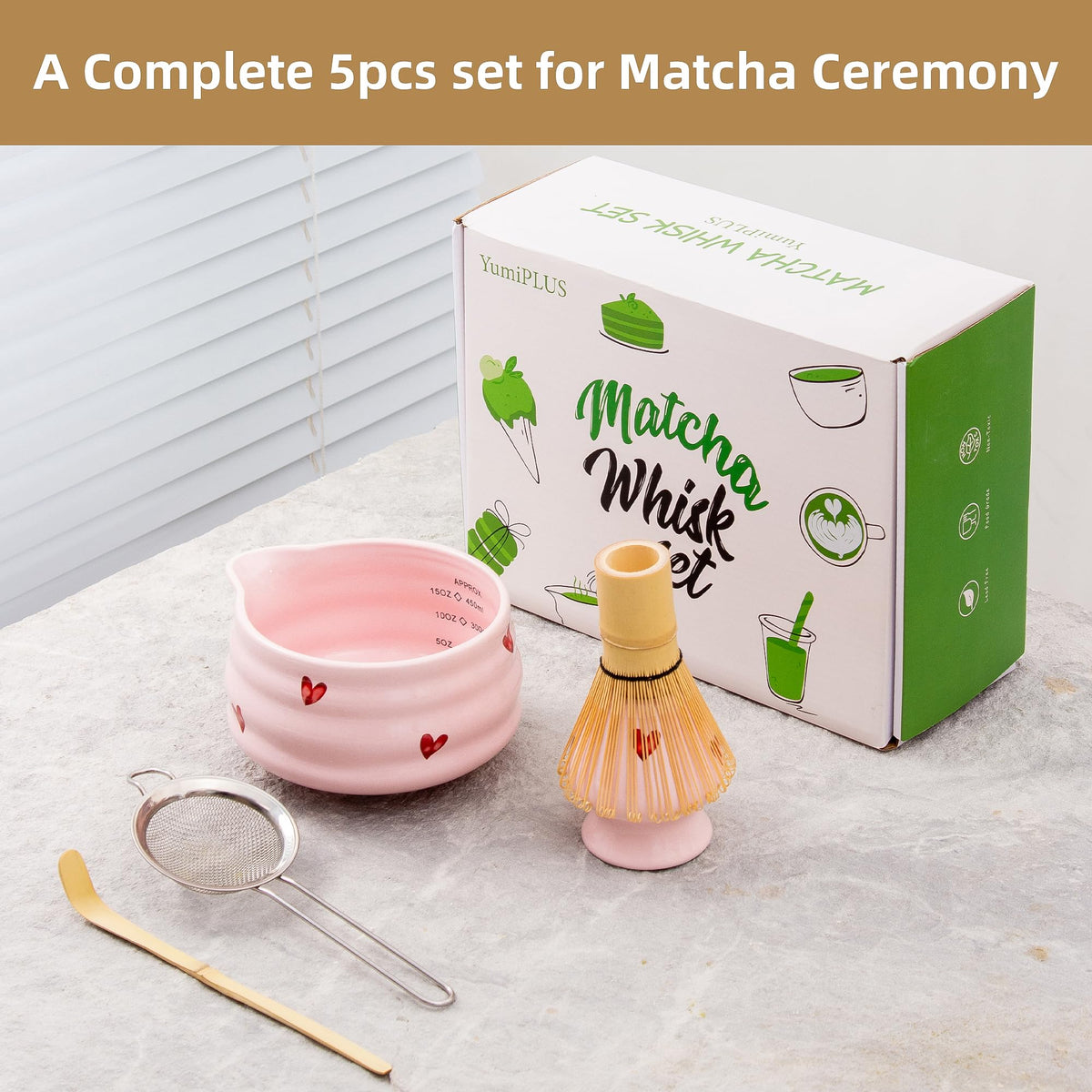 YumiPLUS 5pcs Matcha Set with Bamboo Whisk, Pink Love