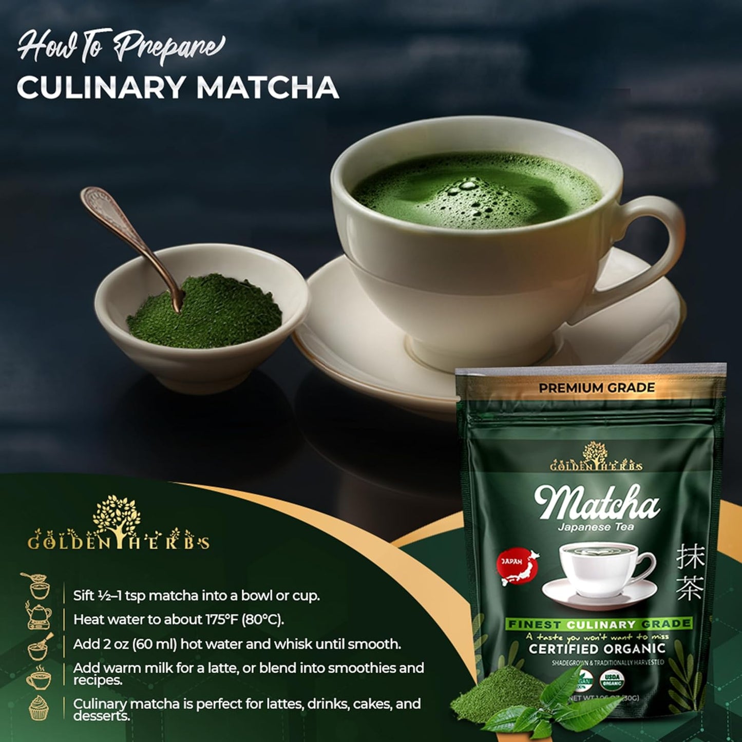Golden Herbs Culinary Grade Matcha Organic Japanese Green Tea Powder for Lattes, Smoothies & Baking – Vibrant Green, Rich Umami Flavor, Stone-Ground for Maximum Freshness Resealable Pouch (30 Grams, Culinary Quality)