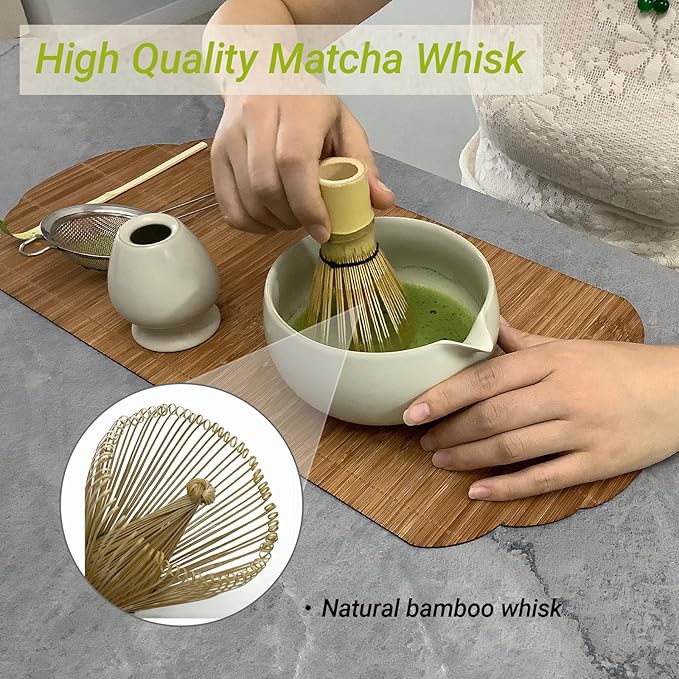 Matcha Whisk Set – 5 Pcs Matcha Set Whisk and Bowl with Spout, Bamboo Scoop, Sifter & Holder – Ru Kiln Matcha Bowl Japanese Tea Kit for Gifts, Home Use & Ceremonial Rituals (White)