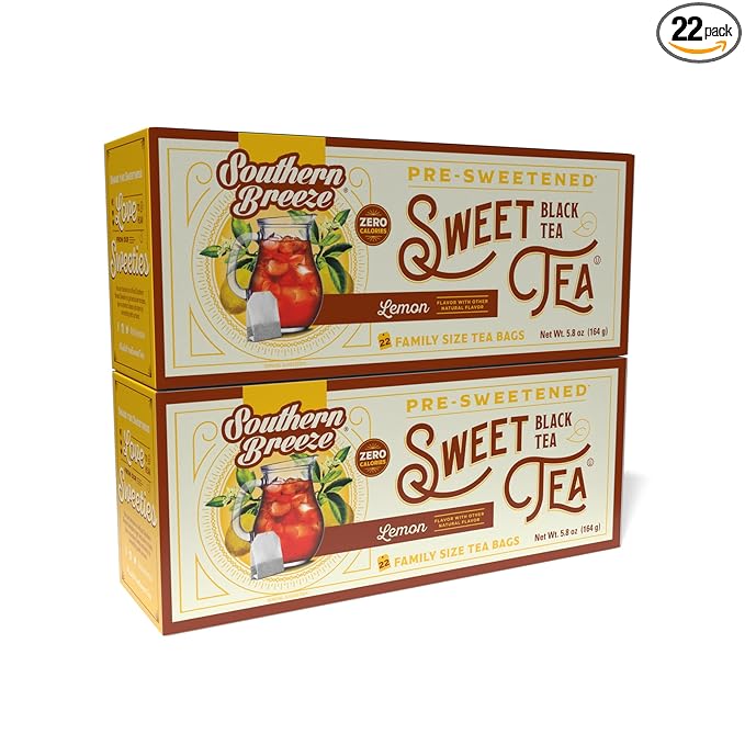 Southern Breeze Hot Brew Sweet Tea Lemon Iced Tea with Black Tea and Zero Carbs Zero Sugar, 22 Individually Wrapped Family Size Tea Bags, Pack of 2