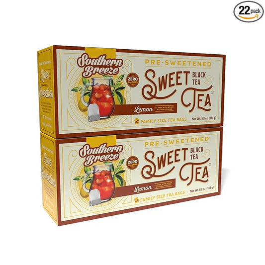 Southern Breeze Hot Brew Sweet Tea Lemon Iced Tea with Black Tea and Zero Carbs Zero Sugar, 22 Individually Wrapped Family Size Tea Bags, Pack of 2