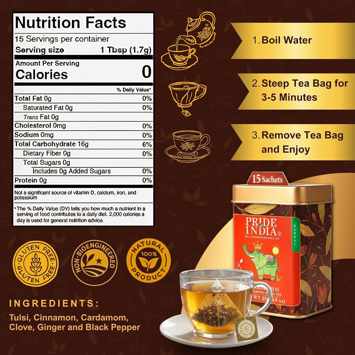 Pride of India Herbal Chai Spiced Tea – 90 Pyramid Tea Bags (6 PACK) | Individually Wrapped Warm &amp; Comforting Spice Tea with Tulsi, Cinnamon, Cardamom, Clove, Ginger &amp; Black Pepper | Caffeine Free