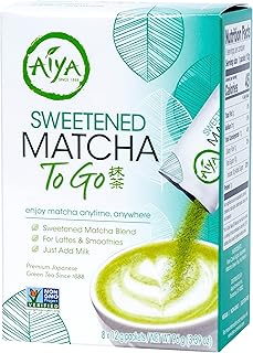 Aiya Japanese Sweetened Matcha Powder to Go Sticks - Ceremonial Grade, Vegan-Friendly, Gluten-Free - 8 Individually Packed Single-Serving Sticks for Freshness and Convenience