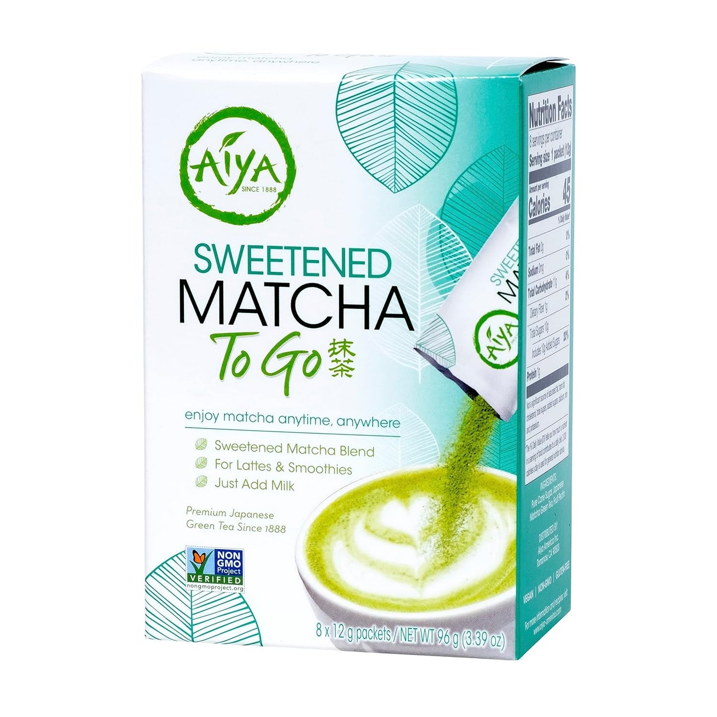 Aiya Japanese Sweetened Matcha Powder to Go Sticks - Ceremonial Grade, Vegan-Friendly, Gluten-Free