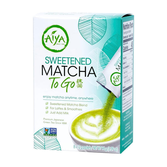 Aiya Japanese Sweetened Matcha Powder to Go Sticks - Ceremonial Grade, Vegan-Friendly, Gluten-Free