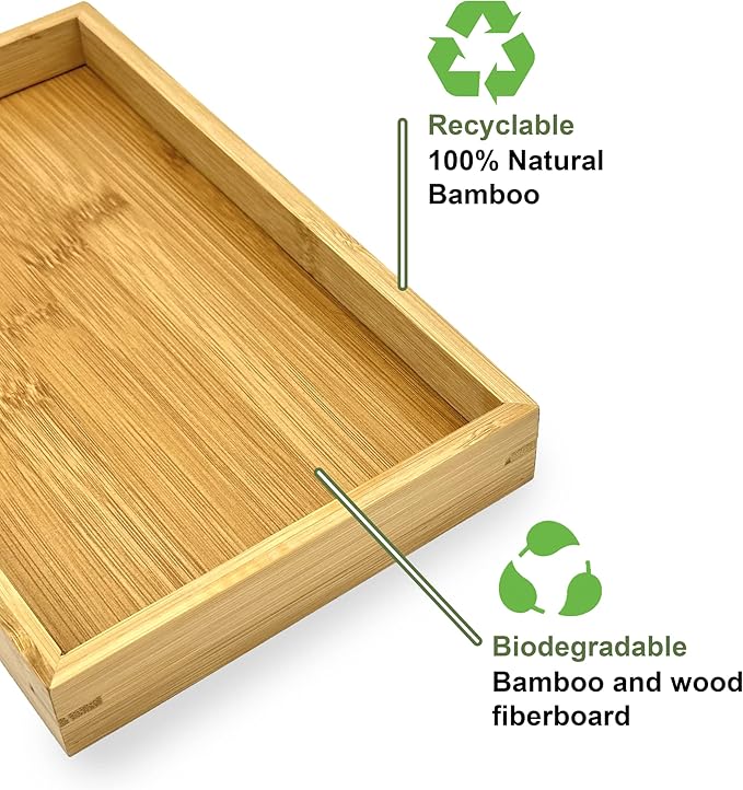 Bam & Boo Natural Bamboo Serving Tray Modern Rectangular (Bamboo, 13.75” x 10.25" x 1.2") for Food, Drinks, Decor, Vanity in Home, Kitchen, Bathroom